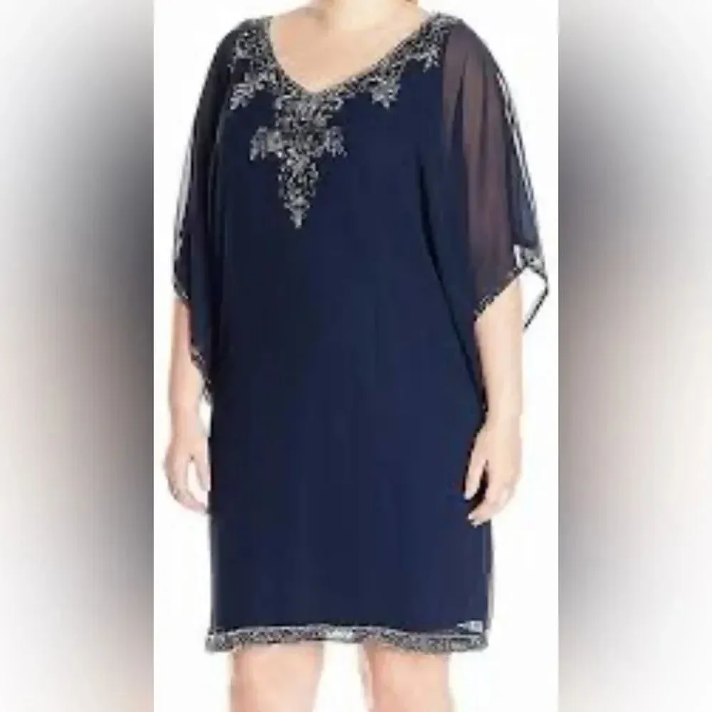 Jkara Elegant Navy Mercury Beaded Embellished Midi Dress Sheer Kaftan Plus 24W